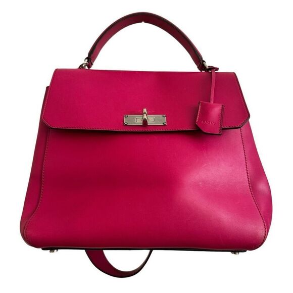 Bally Top Handle Leather Bag with Shoulder Strap “B” Turnlock Hot Pink Handbag - Picture 1 of 16
